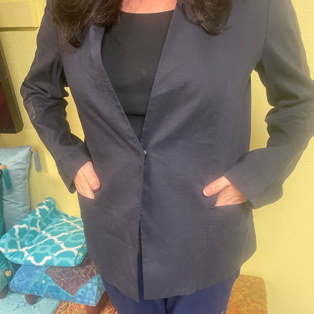 Elie Tahari - Navy blazer with genuine lamb leather trim